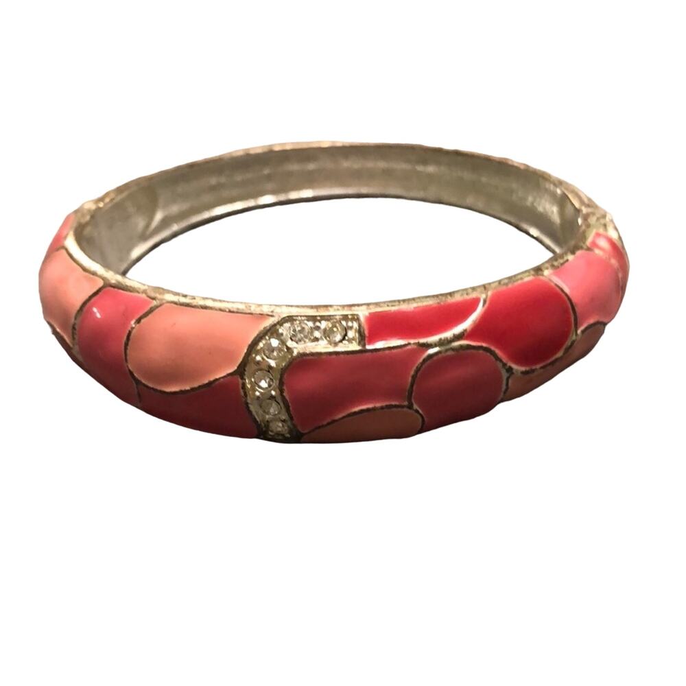 Pink Mosaic Bracelet with Rhinestones Silvertone Metal Bangle Art Deco Artsy